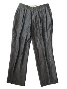 Vtg Polo Ralph Lauren Linen Pants Cuffed Pleated Button Fly Dark Blue Sz 34